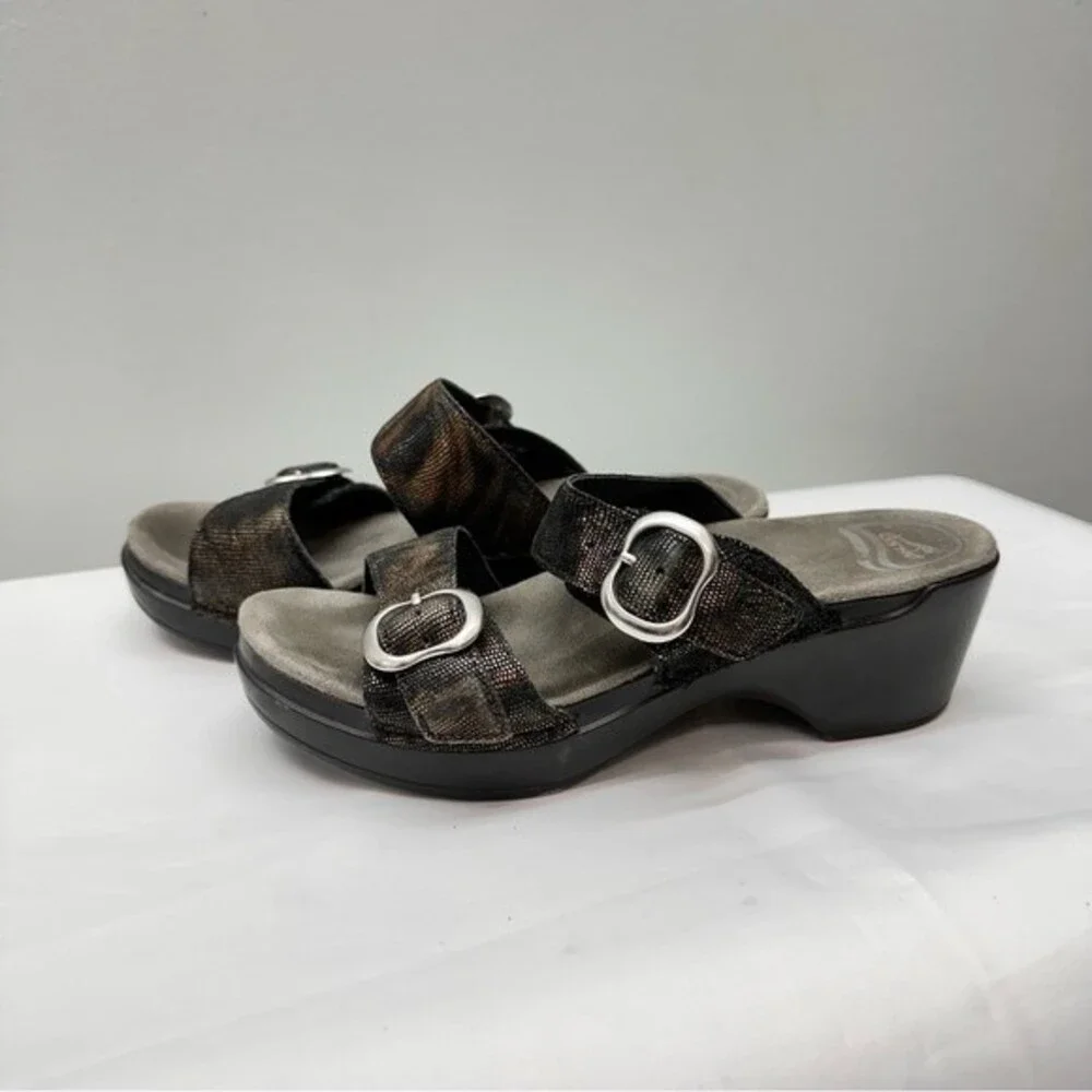 Dansko Women Black‎ Gold Iridescent Leather Slide Buckle Wedge Sandals 37